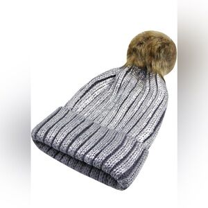 New metallic silver winter hat with pompom